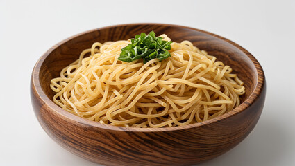 Delicious plain noodles with basil in wooden bowl on white background