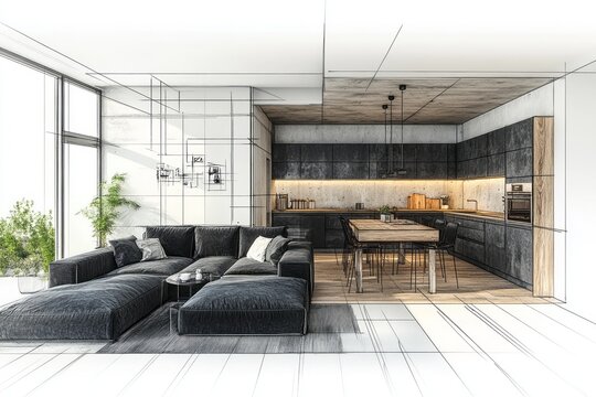 Conceptual interior design showcasing open concept living and kitchen