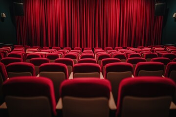 Fototapeta premium Empty movie theater with red seats and curtains, creating a classic cinema atmosphere.