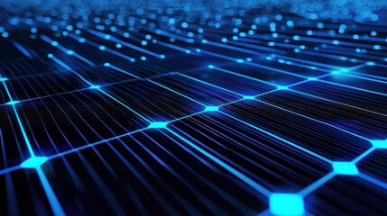 Glowing circuit lines connecting solar panels technology hub digital art futuristic close-up renewable energy concept