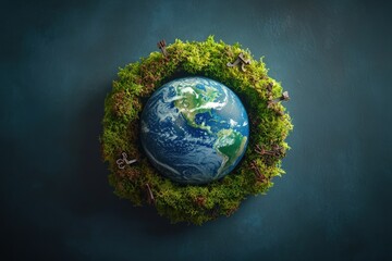Fototapeta premium A realistic depiction of planet earth within a moss wreath