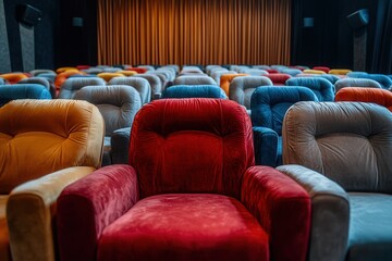 Obraz premium Colorful theater seats in a dimly lit cinema create a vibrant and inviting atmosphere for moviegoers.