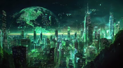 Holographic visualization of global reductions in urban environment futuristic cityscape gigapixel high fidelity night view