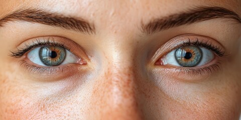 Close-up of blue eyes and freckles on a woman's face in natural light.