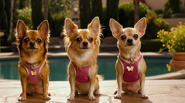 Chihuahuas wearing pink harnesses sit by a poolside on a sunny day in a backyard garden setting