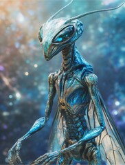 digital painting of an advanced Mantis alien, rendered in stunning ultra-HD 4K detail. The insectoid figure has a sleek,elongated body clad in a futuristic