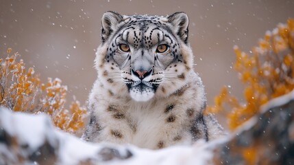 Fototapeta premium Majestic Snow Leopard Camouflaged in Snowy Mountain Landscape