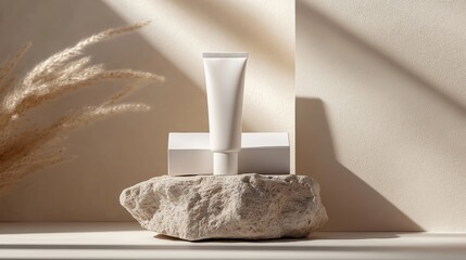 Minimalistic product photography of a soft white skincare tube and box placed neatly on a stone, against a soft beige backdrop.