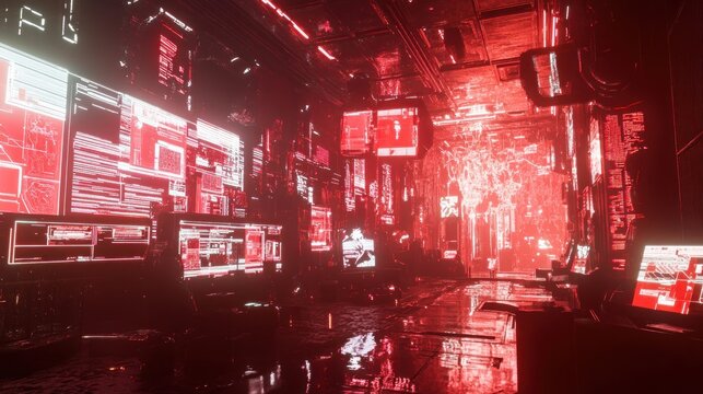 Futuristic red illuminated cityscape with complex data display panels panorama