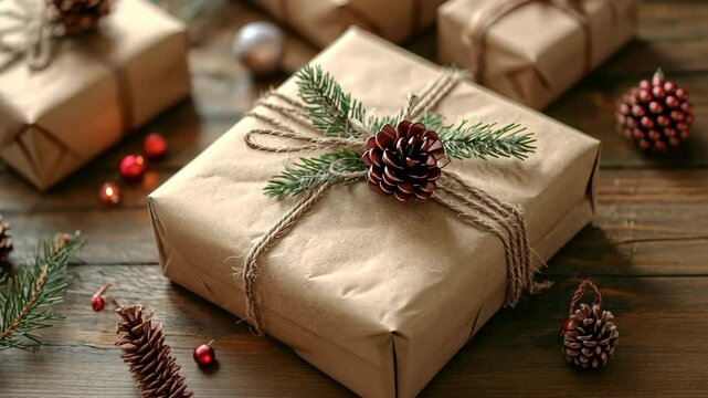 Gifts wrapped in brown paper with pinecones and greenery on a rustic wooden table during a festive winter season