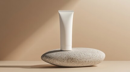 A chic skincare product mockup with a white cream tube and packaging resting on smooth stone, against a neutral beige background.