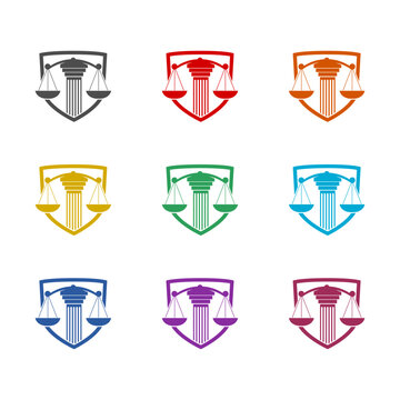 Law symbol logo, scale justice and shield icon isolated on white background. Set icons colorful