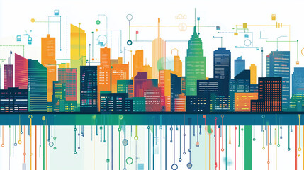 Obraz premium Illustration of a simple city skyline with data streams flowing between buildings