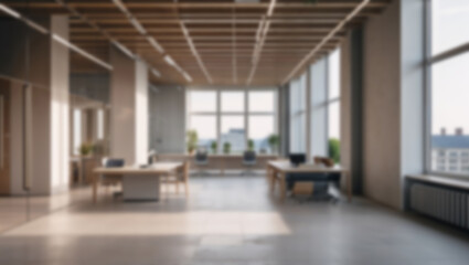 Fototapeta premium Blurred modern office interior with wooden furniture and large windows providing natural light