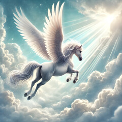 もこもこした雲の上で薄明光線に向かって飛ぶペガサス