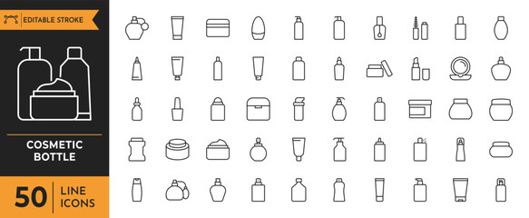 Cosmetic bottle icon set. Containing cosmetic, beauty, makeup, deodorant, lotion, and more. Vector illustration