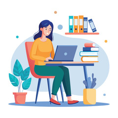 a woman is using his laptop sitting on a chair looking in the laptop  colourful vector on a white background