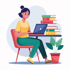 a woman is using his laptop sitting on a chair looking in the laptop  colourful vector on a white background