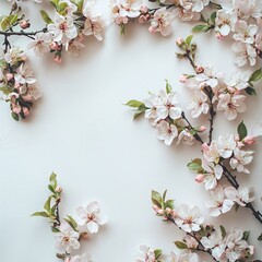 Obraz premium Delicate pink blossoms arranged in a frame on a white background, creating a springtime aesthetic