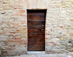 Old wooden door in a stone wall. Tuscany, Italy