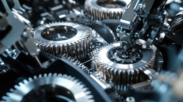 Robotic arm assembling precision gears in an automotive factory, advanced automotive factory with robotic arms assembling gears, High-tech style
