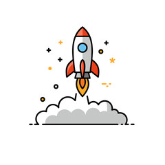 Rocket launching with flames against a cloud background  