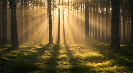 Naklejka premium Sunbeams Illuminate Misty Pine Forest Floor at Dawn