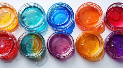 Colorful slime in jars, spilled, white background, craft project