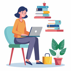 a woman is using his laptop sitting on a chair looking in the laptop  colourful vector on a white background