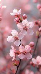 Delicate pink blossoms on a branch, soft light filtering through petals.  Close-up showcasing intricate details of springtime blooms