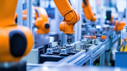 Robotic arm assembling precision parts in an advanced manufacturing facility, high-tech factory with robotic arms assembling small, precise components