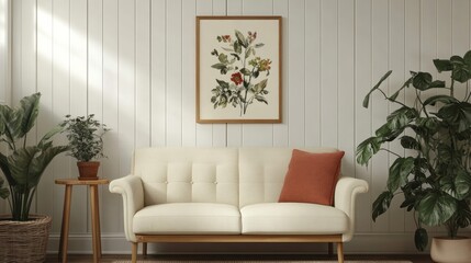 Cream sofa with botanical art and plants in a bright room