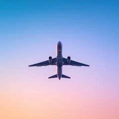 Naklejka premium Airplane flying overhead at sunset