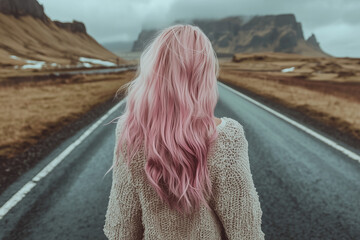 woman with pink hairr in the road
