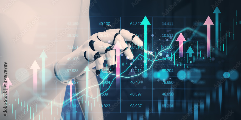Poster Futuristic robot hand interacting with financial charts and stock market data. 3D Rendering