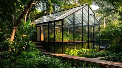 15. A futuristic glass garden house surrounded by lush greenery