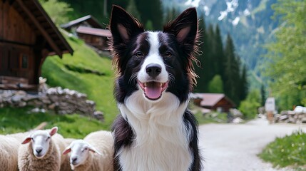 Fototapeta premium Shepherd Dog: A joyful border collie, in a picturesque countryside setting, exudes happiness while guiding sheep and representing a classic rural scene.