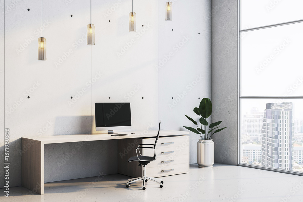 Poster modern minimalist office interior with light wood desk and city view through large window in bright 