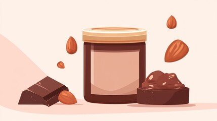 Chocolate almond spread in jar with almonds and chocolate.