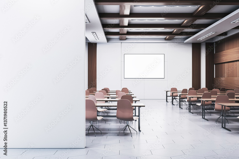 Poster modern corporate training room interior with empty chairs and blank poster frame on wall for company