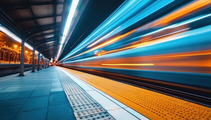 Obraz premium Fast Train Speeds Through Night Station Platform, City Lights Blur, Modern Transportation