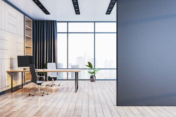 Modern corporate office interior with wooden floor, large desk, chairs, blank wall for mockup or poster in bright city view setting. 3D Rendering