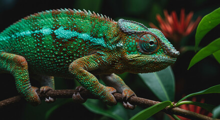 Panther Chameleon Close-Up on Branch, Detailed Texture Concept, Green and Orange Skin, Madagascar Wildlife, Natural Habitat, Exotic Pet, Colorful Reptile