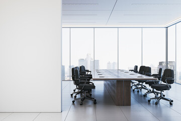 Modern office boardroom with large conference table and black chairs. 3D Rendering