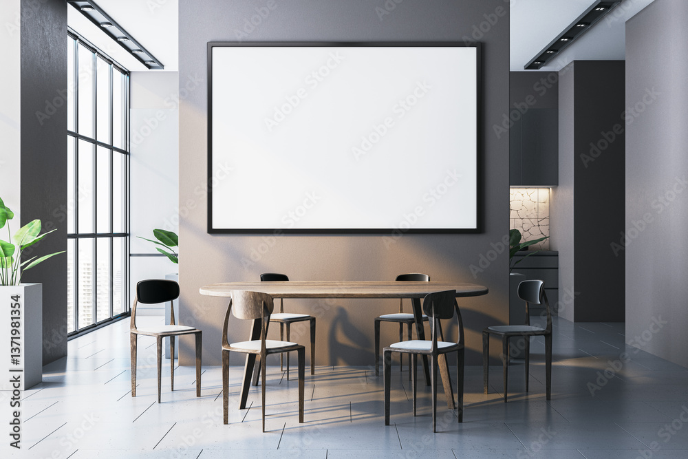 Poster modern dining room with wooden table and chairs, featuring large blank frame on dark wall. 3d render
