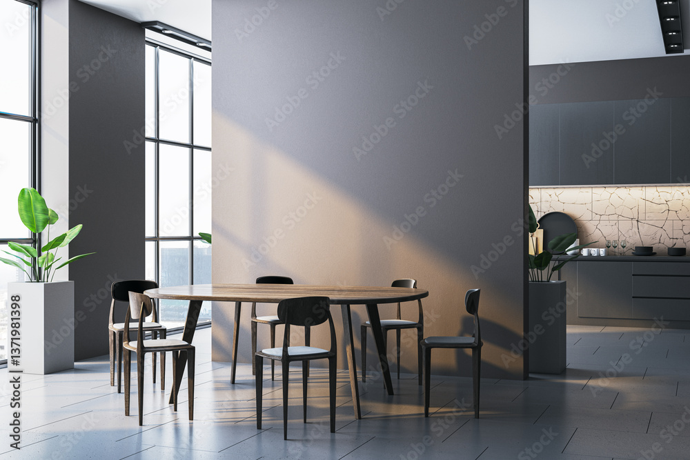 Poster modern dining area with wooden table and chairs in a bright interior. 3d rendering