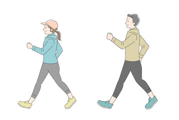 ウォーキングする中年の男女のイラスト