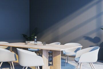 Modern dining room with wooden table and white chairs in elegant interior design. 3D Rendering