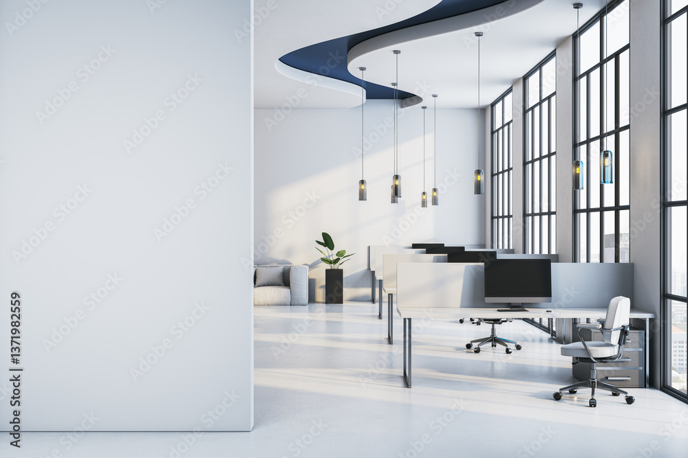 Poster modern office interior with workstations and large windows. 3d rendering