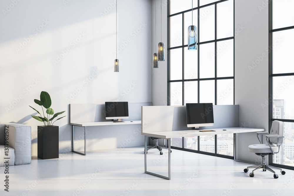 Poster modern office interior with large windows and city view. 3d rendering